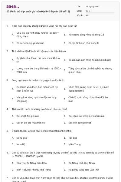 20 Đề thi thử thpt quốc gia môn Địa lí có đáp án (Đề số 12)