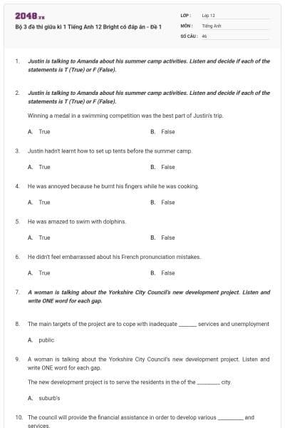Bộ 3 đề thi giữa kì 1 Tiếng Anh 12 Bright có đáp án - Đề 1