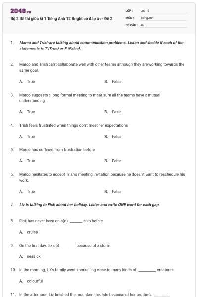 Bộ 3 đề thi giữa kì 1 Tiếng Anh 12 Bright có đáp án - Đề 2