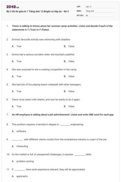 Bộ 3 đề thi giữa kì 1 Tiếng Anh 12 Bright có đáp án - Đề 3