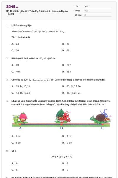 Bộ 10 đề thi giữa kì 1 Toán lớp 3 Kết nối tri thức có đáp án - Đề 01