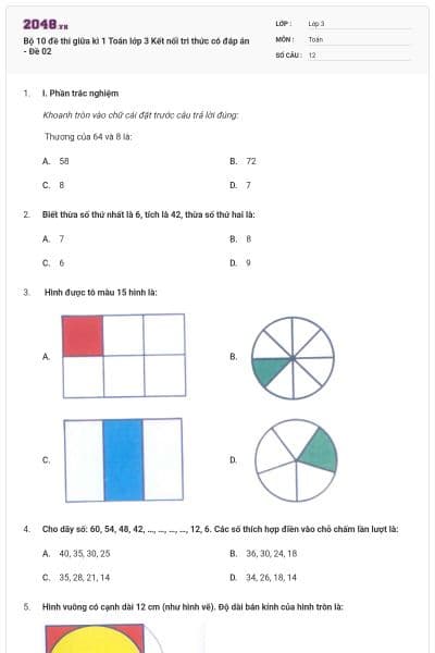 Bộ 10 đề thi giữa kì 1 Toán lớp 3 Kết nối tri thức có đáp án - Đề 02