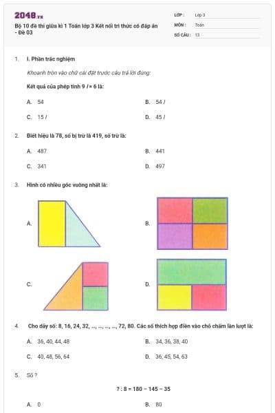 Bộ 10 đề thi giữa kì 1 Toán lớp 3 Kết nối tri thức có đáp án - Đề 03