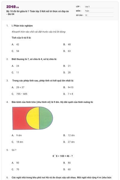 Bộ 10 đề thi giữa kì 1 Toán lớp 3 Kết nối tri thức có đáp án - Đề 04