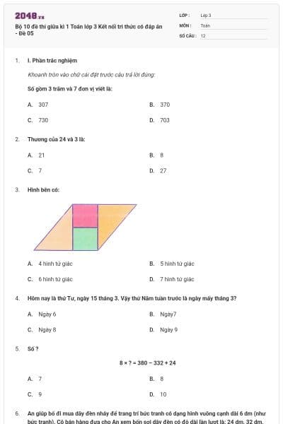 Bộ 10 đề thi giữa kì 1 Toán lớp 3 Kết nối tri thức có đáp án - Đề 05