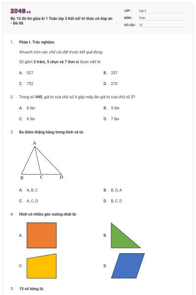 Bộ 10 đề thi giữa kì 1 Toán lớp 3 Kết nối tri thức có đáp án - Đề 06