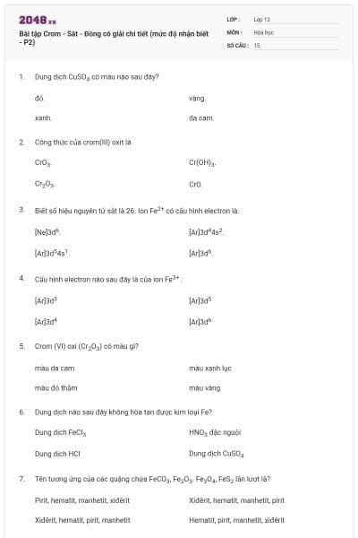 Bài tập Crom - Sắt - Đồng có giải chi tiết (mức độ nhận biết - P2)