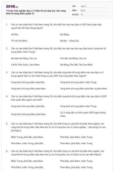 19  câu Trắc nghiệm Địa Lí 12 Bài 43 (có đáp án): Các vùng kinh tế trọng điểm (phần 3)