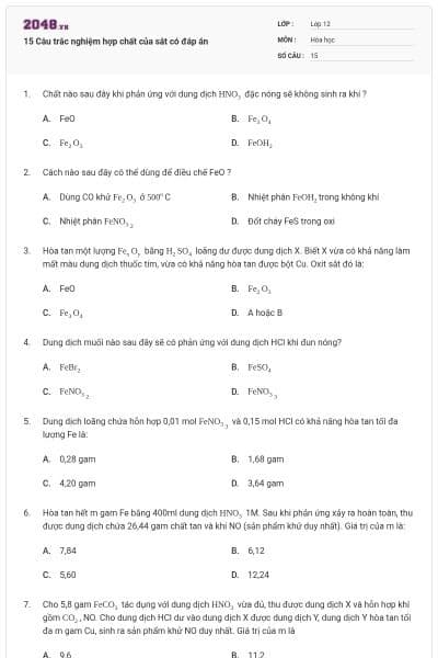 15 Câu trắc nghiệm hợp chất của sắt có đáp án