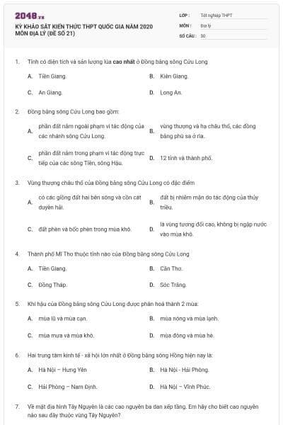 KỲ KHẢO SÁT KIẾN THỨC THPT QUỐC GIA NĂM 2020 MÔN ĐỊA LÝ (ĐỀ SỐ 21)