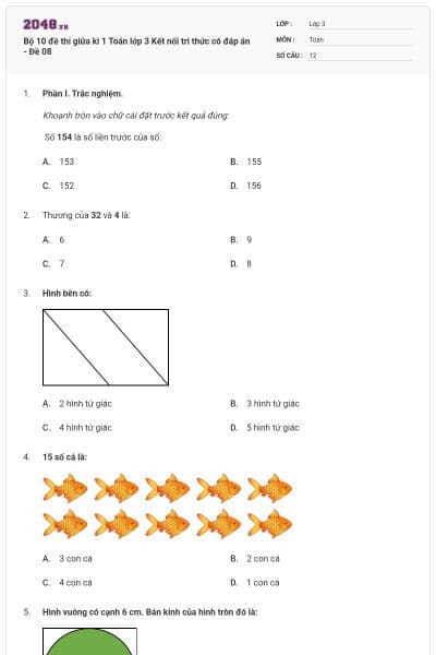 Bộ 10 đề thi giữa kì 1 Toán lớp 3 Kết nối tri thức có đáp án - Đề 08