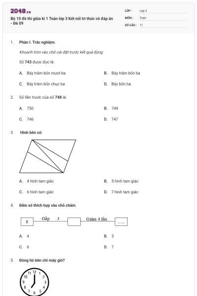 Bộ 10 đề thi giữa kì 1 Toán lớp 3 Kết nối tri thức có đáp án - Đề 09