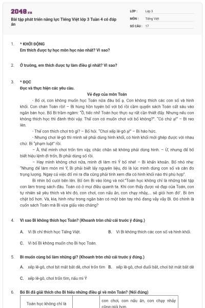 Bài tập phát triển năng lực Tiếng Việt lớp 3 Tuần 4 có đáp án