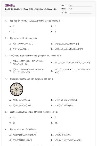 Bộ 10 đề thi giữa kì 1 Toán 6 Kết nối tri thức có đáp án - Đề 1
