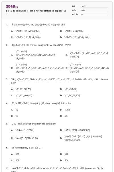 Bộ 10 đề thi giữa kì 1 Toán 6 Kết nối tri thức có đáp án - Đề 2
