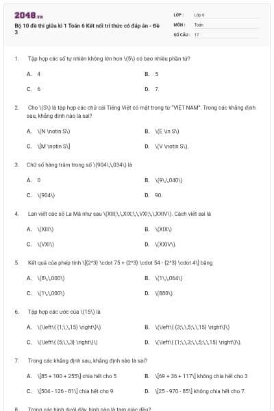 Bộ 10 đề thi giữa kì 1 Toán 6 Kết nối tri thức có đáp án - Đề 3
