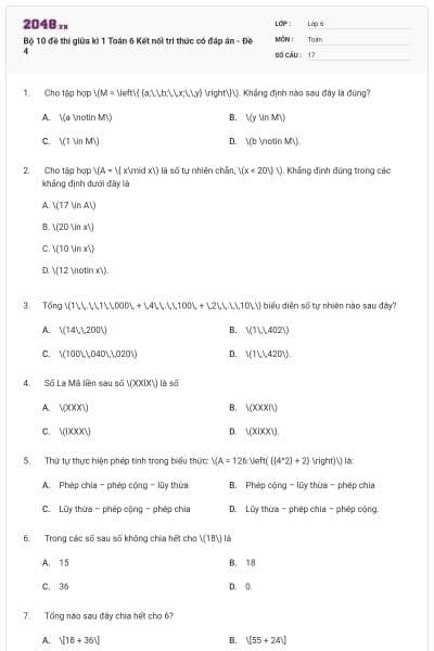 Bộ 10 đề thi giữa kì 1 Toán 6 Kết nối tri thức có đáp án - Đề 4