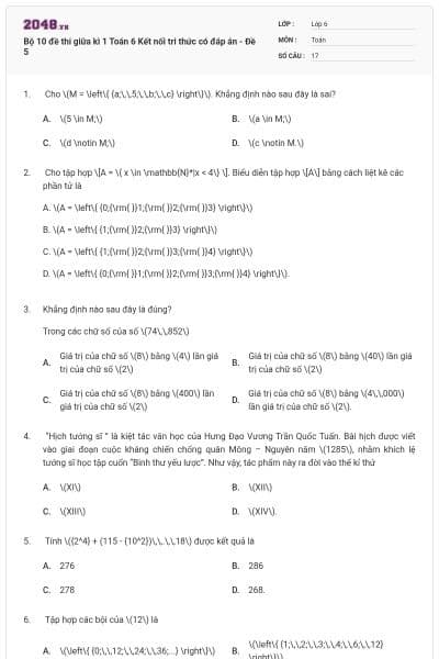 Bộ 10 đề thi giữa kì 1 Toán 6 Kết nối tri thức có đáp án - Đề 5