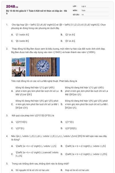 Bộ 10 đề thi giữa kì 1 Toán 6 Kết nối tri thức có đáp án - Đề 9