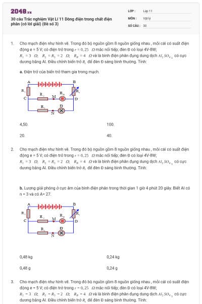 30 câu Trắc nghiệm Vật Lí 11 Dòng điện trong chất điện phân (có lời giải) (Đề số 3)
