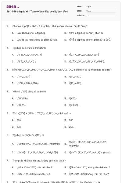 Bộ 10 đề thi giữa kì 1 Toán 6 Cánh diều có đáp án - Đề 4