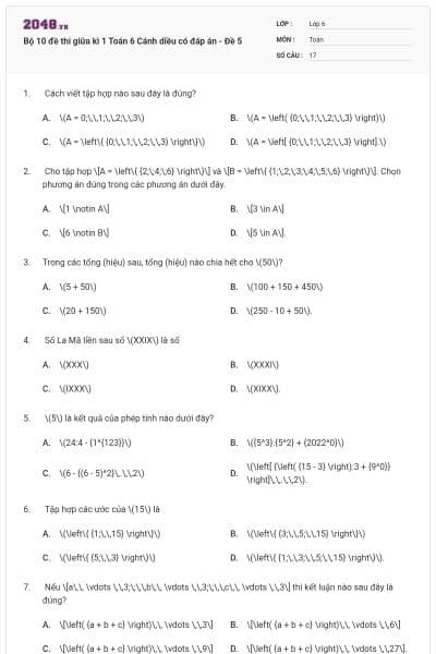 Bộ 10 đề thi giữa kì 1 Toán 6 Cánh diều có đáp án - Đề 5