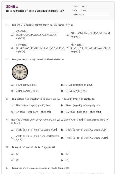 Bộ 10 đề thi giữa kì 1 Toán 6 Cánh diều có đáp án - Đề 9