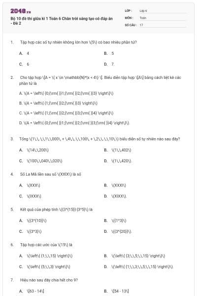 Bộ 10 đề thi giữa kì 1 Toán 6 Chân trời sáng tạo có đáp án - Đề 2