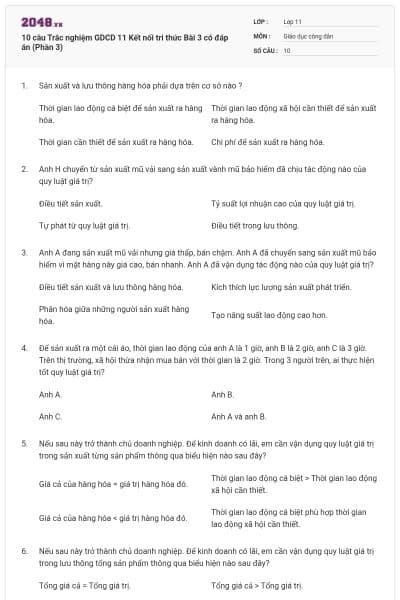 10 câu Trắc nghiệm GDCD 11 Kết nối tri thức Bài 3 có đáp án (Phần 3)