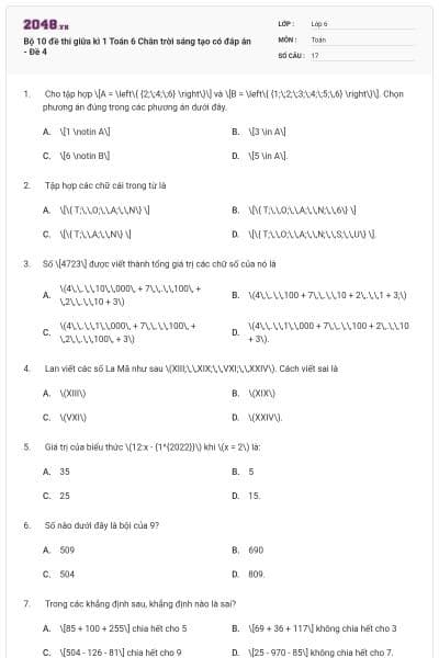 Bộ 10 đề thi giữa kì 1 Toán 6 Chân trời sáng tạo có đáp án - Đề 4