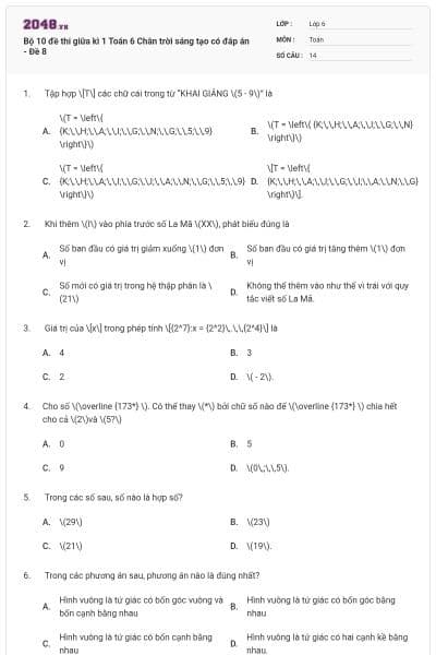Bộ 10 đề thi giữa kì 1 Toán 6 Chân trời sáng tạo có đáp án - Đề 8