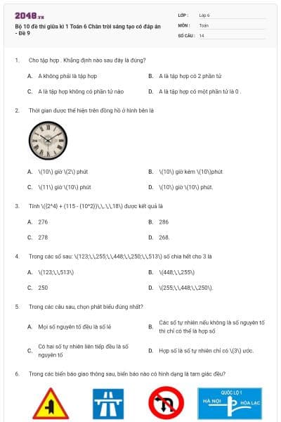 Bộ 10 đề thi giữa kì 1 Toán 6 Chân trời sáng tạo có đáp án - Đề 9