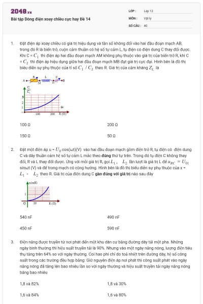 Bài tập Dòng điện xoay chiều cực hay Đề 14