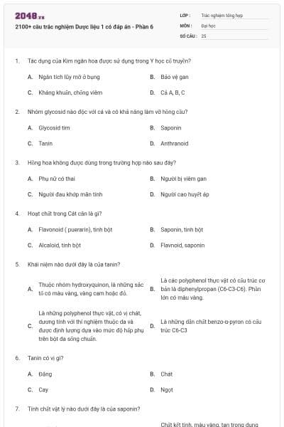 2100+ câu trắc nghiệm Dược liệu 1 có đáp án - Phần 6