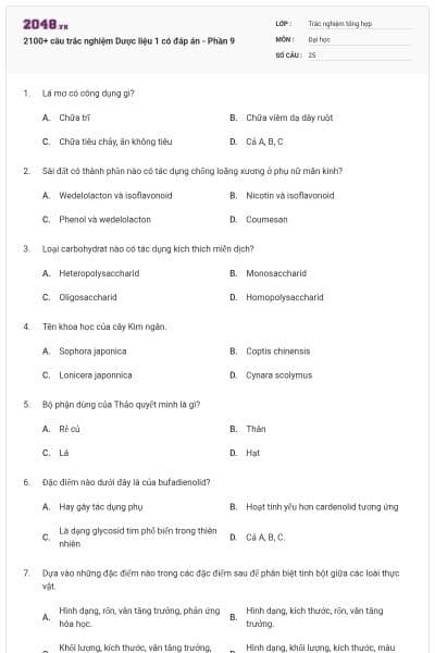 2100+ câu trắc nghiệm Dược liệu 1 có đáp án - Phần 9