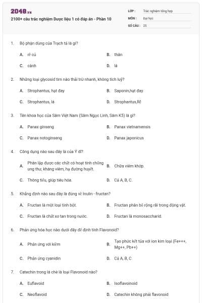 2100+ câu trắc nghiệm Dược liệu 1 có đáp án - Phần 10