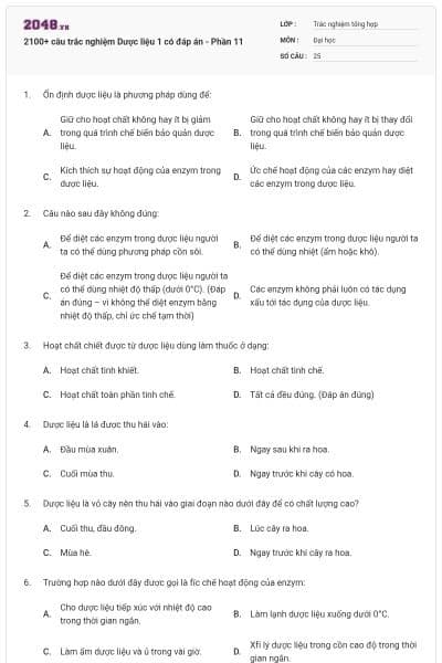 2100+ câu trắc nghiệm Dược liệu 1 có đáp án - Phần 11