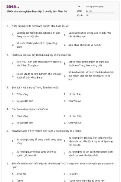 2100+ câu trắc nghiệm Dược liệu 1 có đáp án - Phần 14