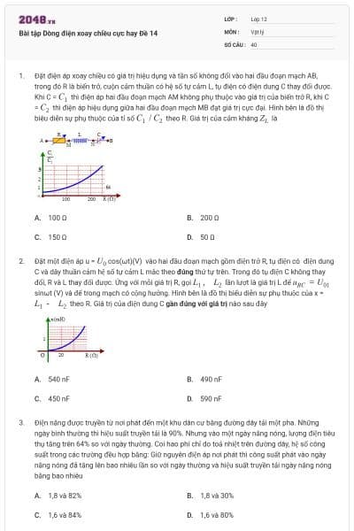 Bài tập Dòng điện xoay chiều cực hay Đề 14