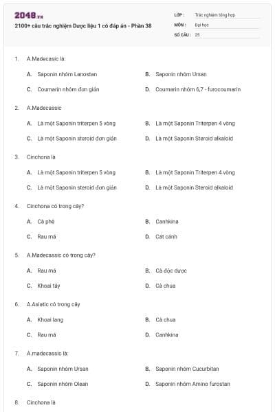 2100+ câu trắc nghiệm Dược liệu 1 có đáp án - Phần 38