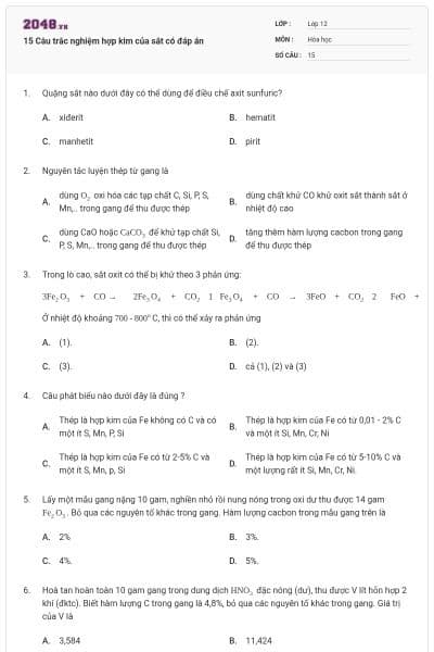 15 Câu trắc nghiệm hợp kim của sắt có đáp án