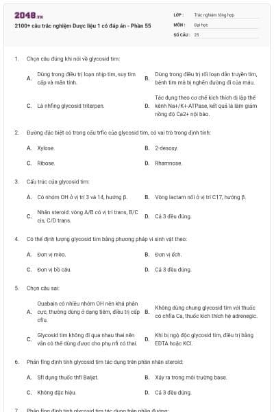 2100+ câu trắc nghiệm Dược liệu 1 có đáp án - Phần 55