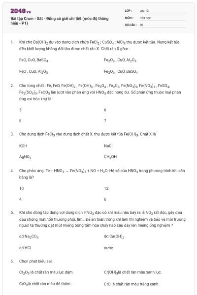Bài tập Crom - Sắt - Đồng có giải chi tiết (mức độ thông hiểu - P1)