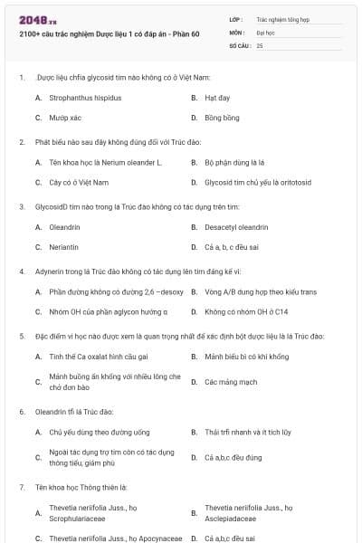 2100+ câu trắc nghiệm Dược liệu 1 có đáp án - Phần 60