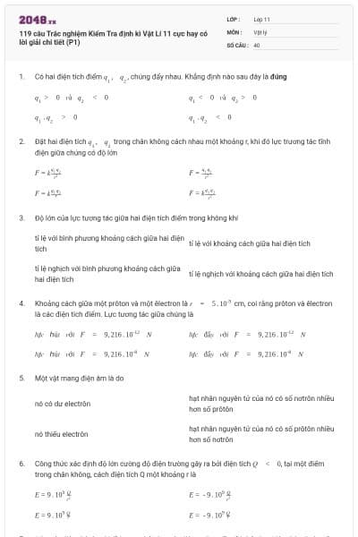 119 câu Trắc nghiệm Kiểm Tra định kì Vật Lí 11 cực hay có lời giải chi tiết (P1)