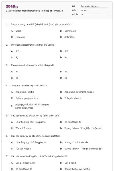 2100+ câu trắc nghiệm Dược liệu 1 có đáp án - Phần 78