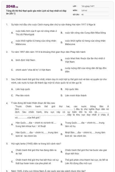 Tổng đề thi thử thpt quốc gia môn Lịch sử hay nhất có đáp án (đề 1)
