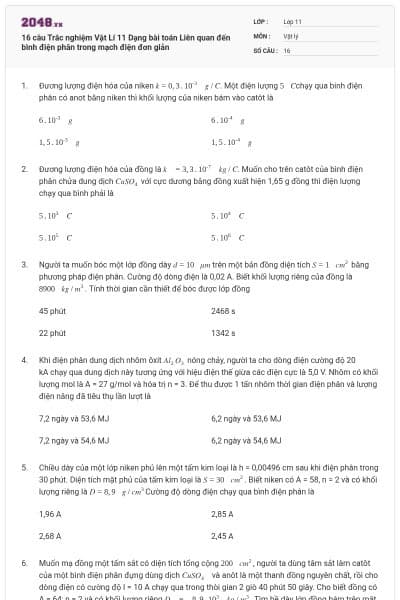 16 câu Trắc nghiệm Vật Lí 11 Dạng bài toán Liên quan đến bình điện phân trong mạch điện đơn giản