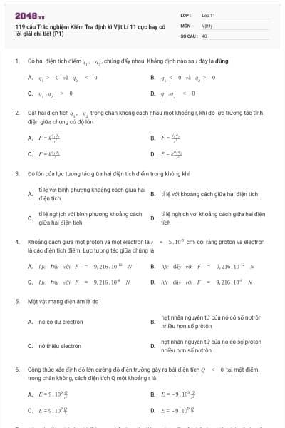 119 câu Trắc nghiệm Kiểm Tra định kì Vật Lí 11 cực hay có lời giải chi tiết (P1)