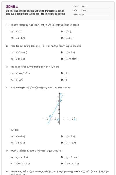 20 câu trắc nghiệm Toán 8 Kết nối tri thức Bài 29. Hệ số góc của đường thẳng (Đúng sai - Trả lời ngắn) có đáp án